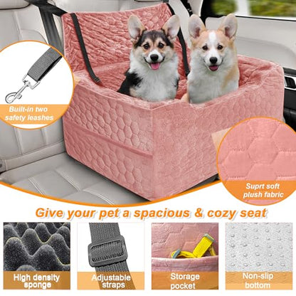 Dog Car Seat for Medium/Large Dog Booster Seat Under 60 lbs or 2 Small Dogs, Multi-Functional Pet Car Seat with Thick Cushion, 2 Safety Leashes (Pink) - color: Pink