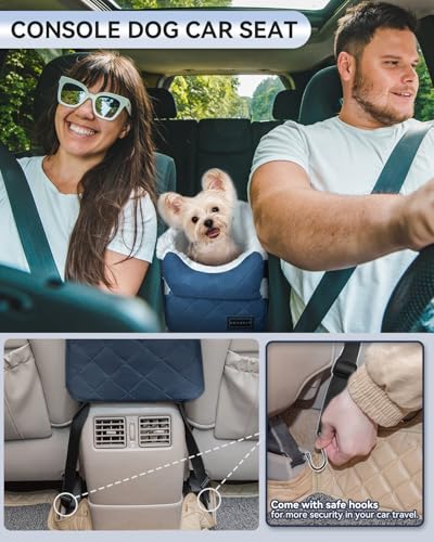 PETSFIT Center Console Dog Car Seat with Safe Protection Hooks, Pet Car Seat with Upgraded Safety Tethers, Washable Cushion, Console Dog Car Seats for Small Dogs Up to 8 Lbs(Blue) - color: Blue