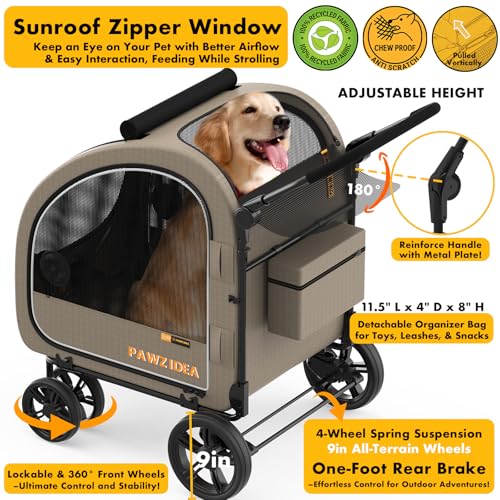 PAWZIDEA 3-in-1 Large Dog Stroller with Detachable Carrier up 100lbs, Foldable Dog Crate for Car Travel, All-Terrain Pet Stroller for 2 Medium Dogs, Jogger Wheels, Adjustable Handle, Stroage Organizer - color: Khaki Plaid