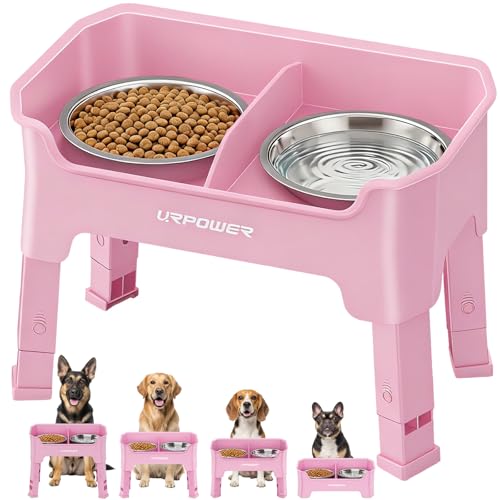 URPOWER Mess Proof Elevated Dog Bowls 4 Height Adjustable Raised Bowl Stand with 2 Stainless Steel Dog Bowls Non-Slip Food and Water Bowl Set for Small, Medium, Large Dogs, Pink - color: Pink, size: Medium