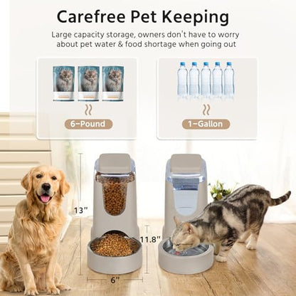 2 Pack Automatic Cat Feeder and Stainless Steel Water Dispenser, Gravity Dog Waterer Set Food Feeder and Waterer Set for Small Medium Kitten Puppy Pets(1 Gallon x 2, Brown) - color: 1 Gallon x 2 - Brown