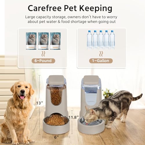2 Pack Automatic Cat Feeder and Stainless Steel Water Dispenser, Gravity Dog Waterer Set Food Feeder and Waterer Set for Small Medium Kitten Puppy Pets(1 Gallon x 2, Brown) - color: 1 Gallon x 2 - Brown