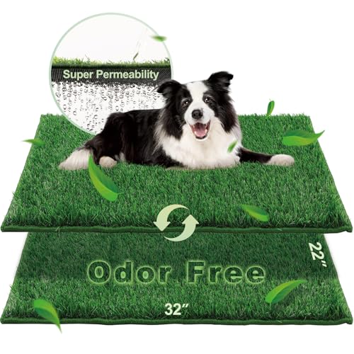 HQ4US 4LEGS Artificial Grass, Dog Pee Grass Pads for Dogs Potty, 2PCS Odor Free Fake Grass for Dogs Large 32’’×22’’ with Countless Drainage Holes, Dog Potty Grass Hemmed Edge Realistic - size: L - 32'' x 22'' for Dog＜ 28" Length