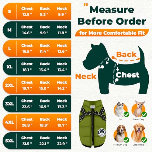 PETCARE Winter Dog Coat with Harness Built in Waterproof Dog Jackets Warm Pet Fleece Vest Windproof Snow Jacket Snowsuit Reflective Dogs Cold Weather Coats for Puppy Small Medium Large Dogs Cats - color: Green, size: XL(Chest 18" Suggest 12-15 lbs)