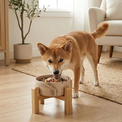 hjn Elevated Ceramic Dog Bowl with Bamboo Stand, Raised Pet Feeding Station for Small Medium Dogs Cats, Modern Design with Anti-Slip Base (Marble Brown, 3.6Cup) - color: Marble Brown, size: 3.6Cup