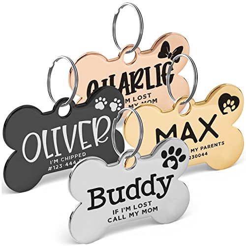 Stainless Steel Engraved Pet ID Tags for Dogs - 4 Color & 5 Shape Options, Up to 7 Lines, Personalized w/ 20 Icons, Name, Address, Phone Number #Bone - style: Bone