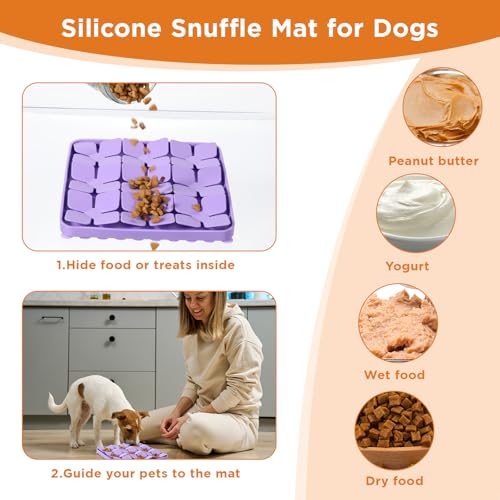 2 Pcs Silicone Snuffle Lick Mat for Dogs, 8 x 8 Inch with Suction Cups, Slow Feeder Puzzle Toy for Mental Stimulation Anxiety Relief, Blue & Purple