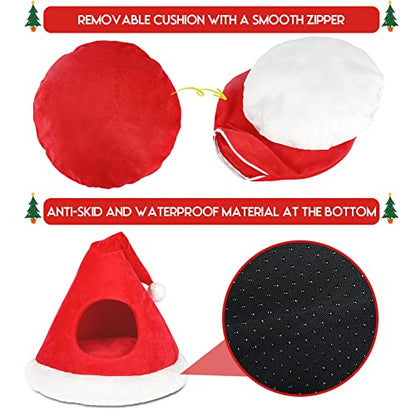 NIBESSER Cat Bed Christmas Hat Cat Tent House Self-Warming 2 in 1 Removable Comfortable Triangle Pet Teepee Xmas Dog Cave in Winter (Red)