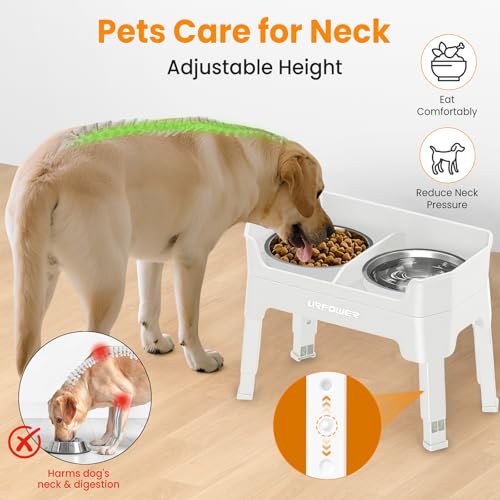 URPOWER 3-in-1 Elevated Dog Bowls - Mess Proof Double Deck 4 Height Adjustable Raised Stand with 2 Stainless Steel Food Bowls & Licking Plate for Small, Medium & Large Dogs - color: Light Grey, size: Large