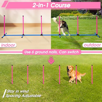 Dog Agility Course Backyard Set, Dog Agility Equipment, Pet obstacle Course Backyard with 6 Dual Mode Weave Poles, 2 Adjustable Hurdle, Jump Ring, Tunnel, Pause Box, Toy Balls and 2 Carrying Bags,Pink - size: Pink-15 PCS SET