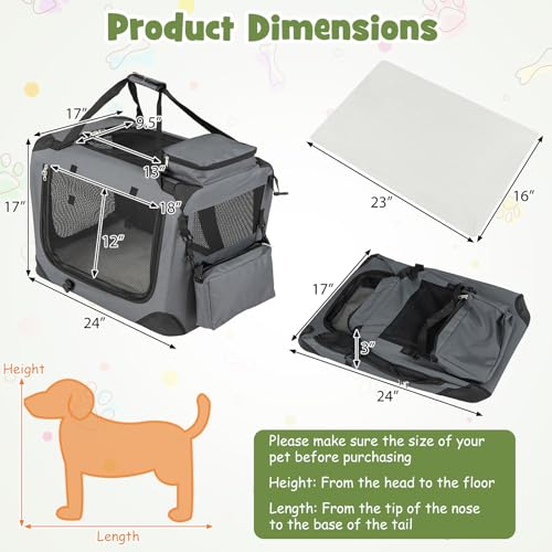 Giantex Folding Soft Dog Crate, 24 Inch Foldable Portable Dog Kennel for Small Dogs Puppy Cats, Collapsible Soft-Sided Pet Travel Crate with 5-Sided Mesh, 3 Doors, Washable Mat & Storage Pockets - size: 24.0"L x 17.0"W x 17.0"H