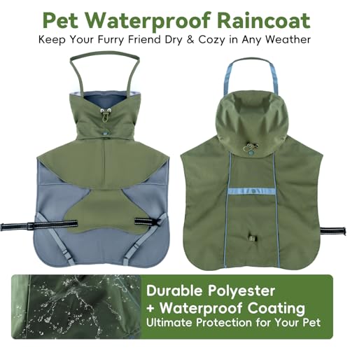 Waterproof Dog Rain Coat, Breathable Windproof Dog Raincoat with Adjustable Strip, Leash Port, Removable Hood, Reflective Full-Body Coverage Pet Poncho | Medium Dogs, Green (3XL) - size: 3XL-Fit for 28 to 44 pounds