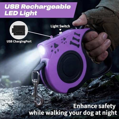 Retractable Dog Leash with USB Rechargeable Flashlight for Night Walks, 16FT Automatic Telescopic Tractor Dog Leash for Small and Medium Dogs, Purple - color: Purple
