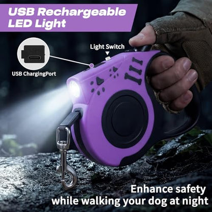 Retractable Dog Leash with USB Rechargeable Flashlight for Night Walks, 16FT Automatic Telescopic Tractor Dog Leash for Small and Medium Dogs, Purple - color: Purple