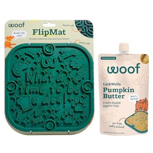 WOOF FlipMat Easy-to-Clean Lick Mat for Dogs + LickWells Pumpkin Butter - Dog Lick Mat Spread and Meal Topper for the FlipMat and LickMat