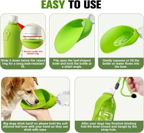 Portable Dog Water Bottle Attachment, Slip-On Pet Water Bowl for Walks | Silicone Dog Drink Dispenser, Fits Standard Water Bottles,Ideal for Dog Cat Walking Hiking Travel Foldable Leaf Design - color: Green