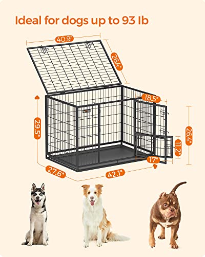 Feandrea 42.1 Inch Heavy Duty Dog Crate, Metal Escape Proof Kennel with Double Doors and Convenient Feeding Door, Removable Tray, Easy to Clean, XL Pet Crate for Large and Medium Dogs, Black - size: 42.1"L x 27.6"W x 29.5"H