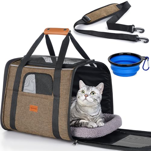 Morpilot Cat Carrier - Cat Carrier Soft for Medium or Large Cats up to 20lbs, with Dual-Sided Cushion, Secure Buckle and Foldable Bowl, Dog Carriers for Small Dogs - Pet Carrier (Brown) - color: Brown, size: 17.3"L x 12.2"W x 13.4"H