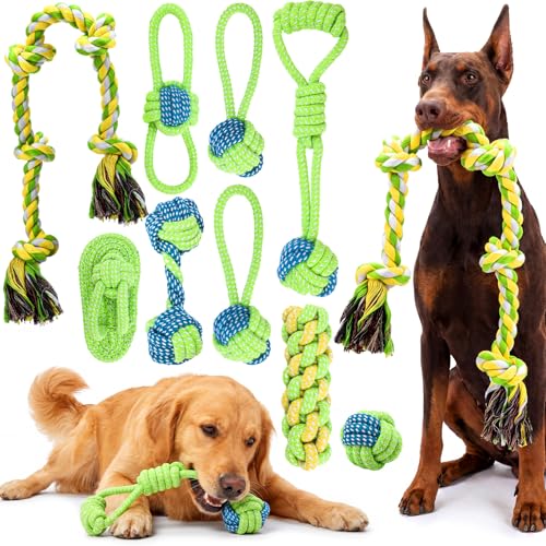 9 Pcs Dog Rope Toys with a 37.8" Heavy Duty Dental Rope Toy, Interactive Tough Chew Toys for Large Medium Aggressive Chewer, Tug of War and Fetch Toy for Teeth Cleaning, Stress Relief, Training - color: Green