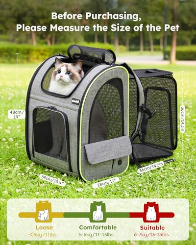 pecute Cat Backpack Expandable, Cat Carrier Backpack Breathable, Large - color: Grey, size: 15.4"L x 11.0"W x 19.0"H