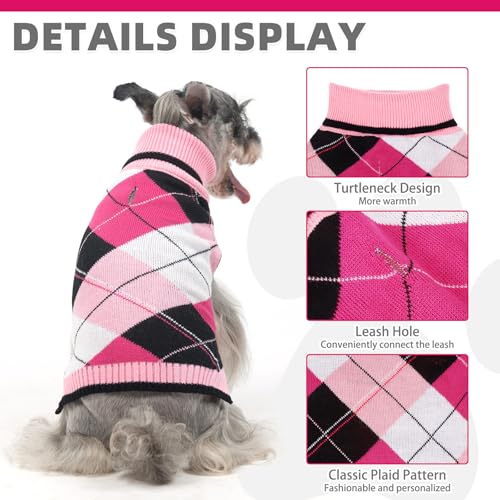 KOOLTAIL Valentine Dog Sweater Pet Knitted Clothes - Classic Pink Plaid Pull Over Turtleneck Dog Sweaters with Leash Hole Warm Dogs Winter Clothing for Small Medium Dogs Cats Puppy, SM - color: Pink2, size: Small/Medium