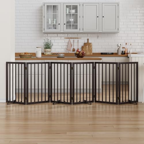 Dog Gate for Doorways 32" Tall Freestanding Dog Gate for Stair Foldable Pet Gate for Dogs Indoor (Brown,6 Panel) - color: Brown, size: 32inches Tall-6 Panels