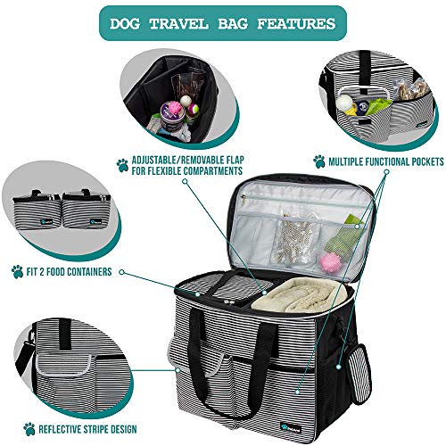 PetAmi Dog Travel Bag Organizer, Pet Travel Kit with 2 Food Containers & 2 Collapsible Dog Bowls, Pet Supplies Tote with Luggage Sleeve, Weekend Road Trip Camping Essentials, Stripe Black, Large - color: Stripe Black, size: Large - 15.5"L x 9.5"W x 14.0"H