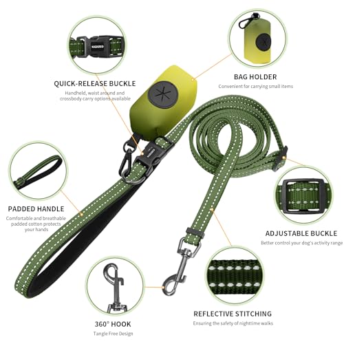 Kazazoo Hands-Free Dog Leash with Poop Bag Holder, Adjustable 4-7 Ft Waist for Dog Walking, Running for Small Dogs with Reflective Strips, Nylon Waist Belt, Green - color: Green