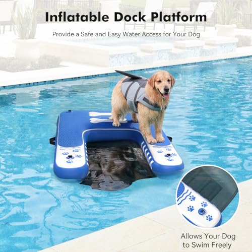 Inflatable Dog Boat Ramp for Dogs Up to 240 lbs, Inflatable Dock Floating Platform with Anti-Slip EVA Foam Safe & Easy Water Access, Dog Ramp for Pools, Lakes, Boats, Docks, Blue & White - color: Blue
