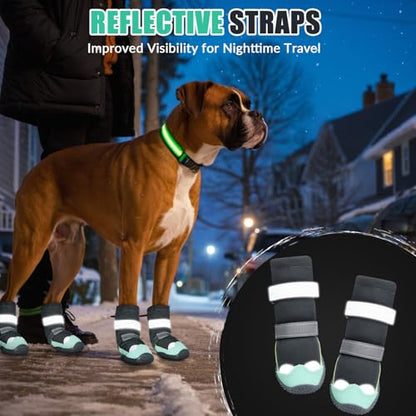SlowTon Dog Shoes - Waterproof Dog Snow Boots for Winter, Warm Booties with Non-Slip Rubber Sole, Reflective Paw Protector for Large Small Medium Dogs Walking on Winter Cold Pavements Rain (Green, 8)