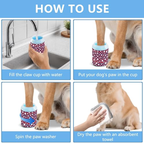 Stars Stripes Red Pattern Dog Paw Cleaner Cup with Soft Silicone Brush, Small Lightweight Portable Muddy Paw Washer for Dogs, Easy to Use Pet Foot Cleaner