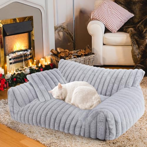 Cute Cat Couch Bed for Indoor Cats, Fluffy Pet Cat Sofa with Premium Soft Corduroy Fleece, Cute Small Dog Beds for Small Dogs, Fuzzy Puppy Chair with Removable Washable Cover (24x18x10,Grey) - color: Grey, size: Small
