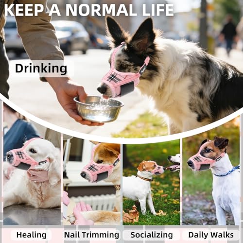 PUPTECK Dog Muzzle, Soft Adjustable Loop Reflective Pets Muzzle Prevent Biting Barking Chewing, Breathable Muzzle with Air Mesh Dog Mouth Guard Drinkable for Large Medium Small Sized, Pink Plaid L - color: Pink, size: L (Snout Cir: 7.09"-9.45")