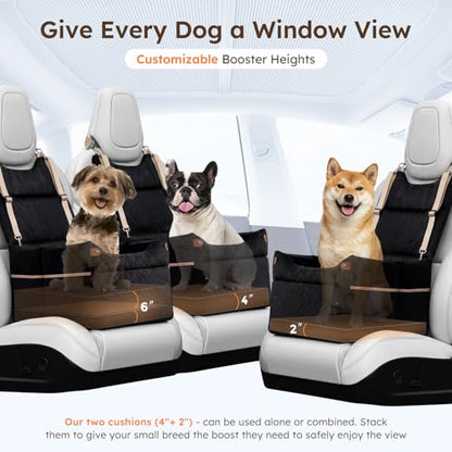 ZOMISIA Elevated Dog Car Seat for Medium Dogs, 3 Adjustable Heights with 2 Egg Crate Foam Boosters 4"+2", Dual-Sided Cooling&Plush Waterproof Cover, 2 Safety Leashes & Buckles, Houndstooth