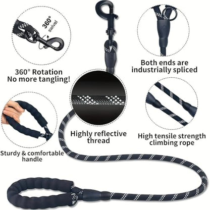 1 Pack 6 FT Heavy Duty Rope Dog Leash, 1/2 Inch Thick Reflective Pet Lead with Padded Handle for Large Medium Breeds, Walking & Training Gear, Black