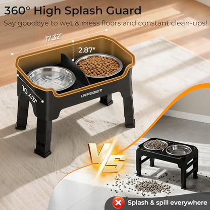 URPOWER Mess Proof Elevated Dog Bowls, High Wall Splash Guard Design, 4 Height Adjustable Raised Bowl Stand, 2 Stainless Steel Bowls, Non-Slip Food Water Set for Small Medium Large Dogs - color: Black, size: Medium
