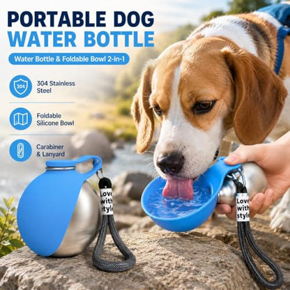 Dog Water Ball,Dog Water Bottle with Bowl,2-in-1 Portable Foldable DogWaterBottle,Leak-Proof,304 Stainless Steel Large-Capacity Cup with Foldable Silicone Bowl,Perfect for Travel - color: Blue