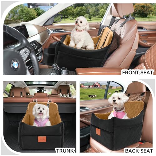 GL GLENSLAVE Dog Car Seat for Small/Medium Dogs, Dog Booster Car Seats with Thick Cushion for Dogs Under 35lbs, Detachable Washable Pet Carseat with Storage Pockets, 2 Safety Belts(Black/Coffee) - color: Black/Coffee