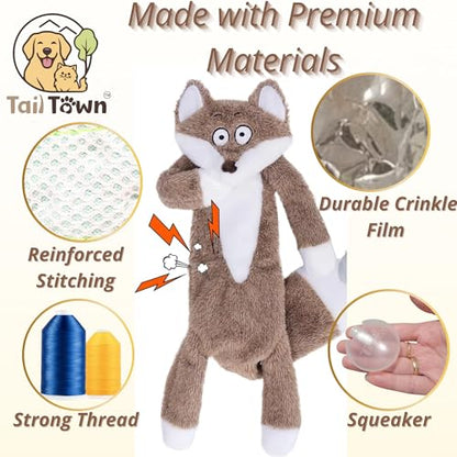 Fox Dog Toy, No Stuffing Plush Squeaky Crinkle Toy for Tug & Fetch Play, Interactive Puppy Toy for Small Medium Large Dogs, Red Fox, Tail Town - color: Red Fox