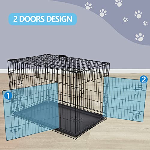 Portable Pet Crate 36 Inch Dog Crate for Medium Dogs Foldable Double Door Metal Frame Kennel Cage with Handle and Removable Proof Tray for Indoor & Outdoor Travel Use