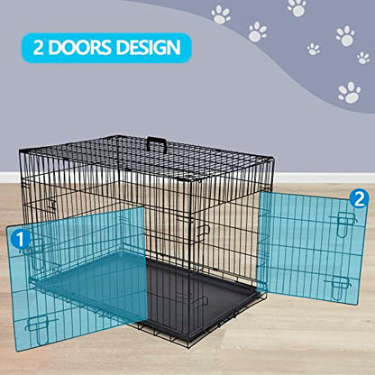 Portable Pet Crate 36 Inch Dog Crate for Medium Dogs Foldable Double Door Metal Frame Kennel Cage with Handle and Removable Proof Tray for Indoor & Outdoor Travel Use