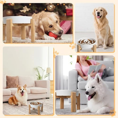 Elevated Slow Feeder Dog Bowl - Ceramic Food Dish with Bamboo Stand - Raised Maze Design - Ideal for Medium to Large Dogs - White - 8.8 inch - color: White, size: 2.5 CUP