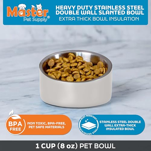 Master Pet Supply Stainless Steel Slanted Dog Cat Food Bowl - 8 oz Heavy Duty - Bone White, Double Wall Insulated, Non-Slip Elevated Bowl for French Bulldogs Pugs Cats, Anti Rust Dishwasher Safe - color: Bone White, size: 1 Cup (8 oz)