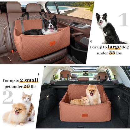 Wooaidagg Dog Car Seat for Medium & Large Dogs Up to 55lbs, Memory Foam Cushion, Washable Cover, Safety Straps & Non-Slip Base (Brown, Large) - color: Brown
