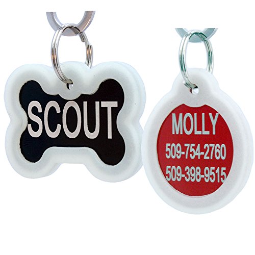 GoTags Personalized Pet ID Tags for Dogs and Cats, Anodized Metal Dog Tags in Heart, Bow Tie, Star, Round and Badge Shapes and 8 Colors, Engraved with Name and Custom Text (Bone with Silencer, Large) - style: Bone