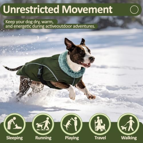 DENTRUN Warm Dog Winter Coat, Easy On Reflective Turtleneck Fleece Jacket | Adjustable buckle, easy on off, windproof & water-repellent, thick fleece snowsuit, outfit fits small to large breeds - color: Army Green, size: Large