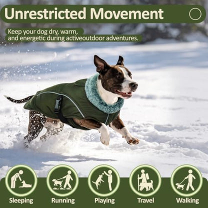 DENTRUN Warm Dog Winter Coat, Easy On Reflective Turtleneck Fleece Jacket | Adjustable buckle, easy on off, windproof & water-repellent, thick fleece snowsuit, outfit fits small to large breeds - color: Army Green, size: Medium