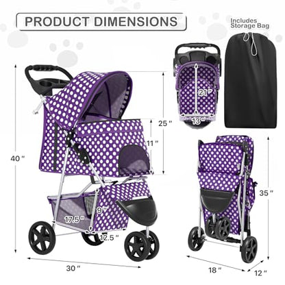 MoNiBloom 3 Wheels Pet Dog Cat Stroller for Small Medium Dogs Cats, Foldable Jogger Stroller w/Storage Basket and Cup Holder, Purple Polka Dots - color: Purple Polka Dots