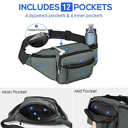 NOOLA Fanny Pack Waist Bag for Men Women, Lightweight Waist Pack with Water Bottle Holder, Adjustable Belt Bag with Multi-Pockets for Hiking, Dog Walking, Outdoor, Cycling, Running, Travel, Grey - color: Grey