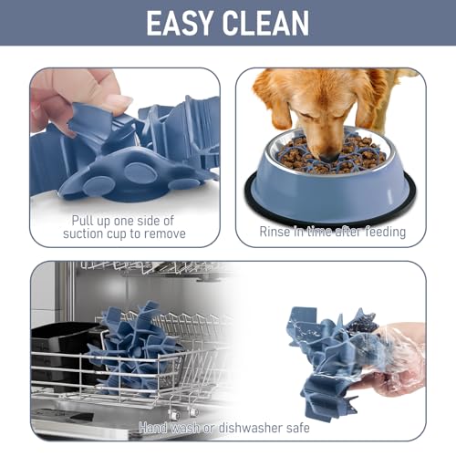 Slow Feeder Insert for Dog Bowl - Cuttable 3.0 Upgraded with Suction Cups for Large Medium Small Breed Dogs Anti-Choking Slow Feeding Food Fits Regular and Elevated Square Metal Glass Dogs Bowls Blue